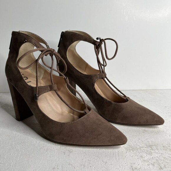 Unisa Tan Suede Laced Front Pointed Toe Block Heels Pumps Size 7 - Picture 2 of 11